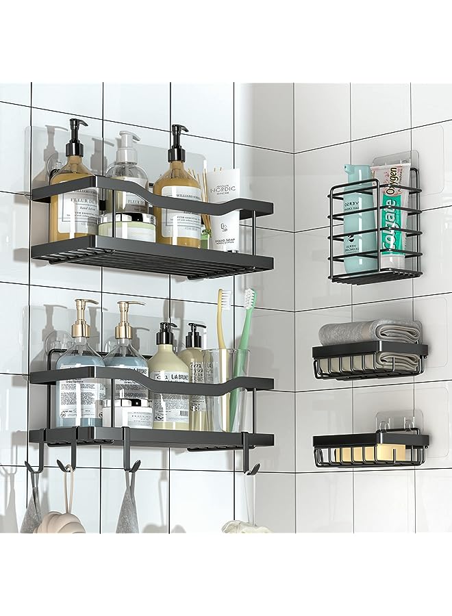 علبة دش مكونة من 5 قطع، منظم حمام لاصق، بدون حفر، سعة كبيرة، منظم دش حمام من الفولاذ المقاوم للصدأ مقاوم للصدأ مع 4 خطافات، رف دش للاستحمام الداخلي باللون الأسود - Image 1