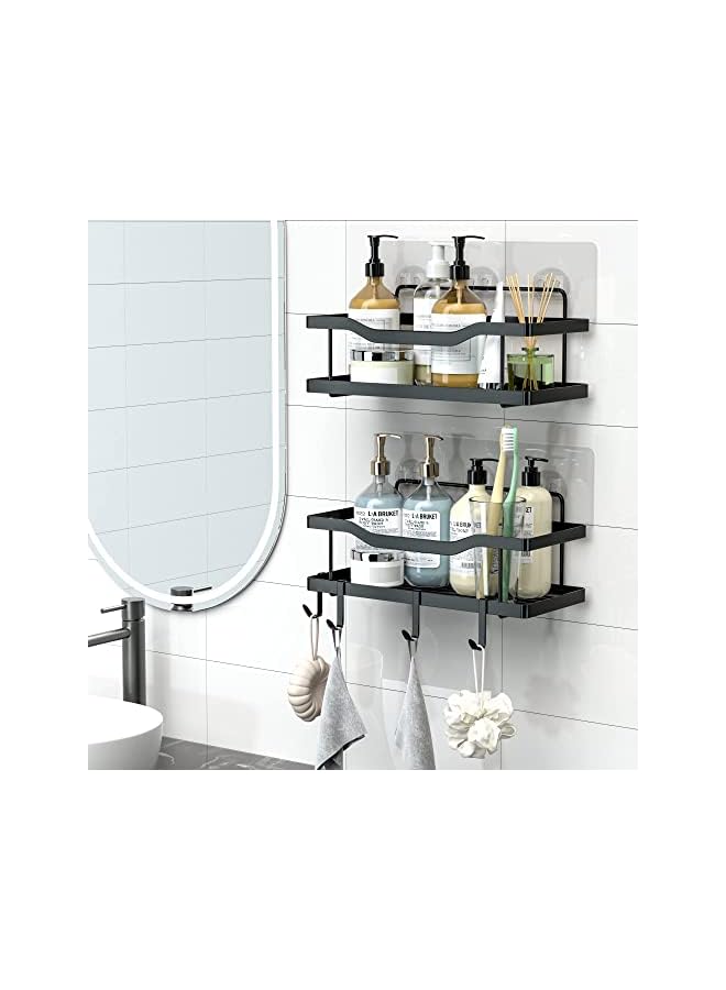 علبة دش مكونة من 5 قطع، منظم حمام لاصق، بدون حفر، سعة كبيرة، منظم دش حمام من الفولاذ المقاوم للصدأ مقاوم للصدأ مع 4 خطافات، رف دش للاستحمام الداخلي باللون الأسود - Image 3