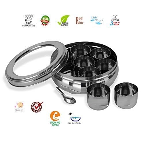 RJ kitchenware Store Stainless Steel Belly Shape Masala Spice BoxDabbaOrganiser with See Through Lid with 7 Containers and Small Spoon - Image 2