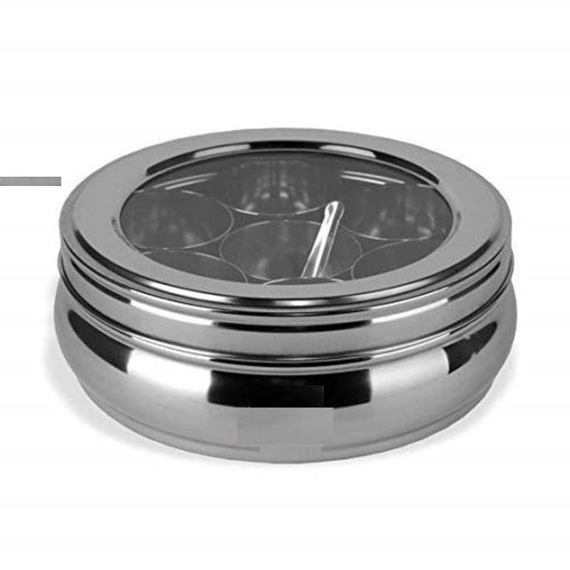 RJ kitchenware Store Stainless Steel Belly Shape Masala Spice BoxDabbaOrganiser with See Through Lid with 7 Containers and Small Spoon - Image 1