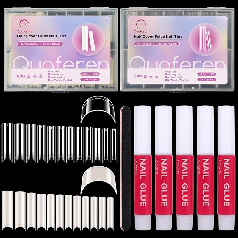 Deciniee 480PCS Extra Long C Curve Nail Tips and Glue, 2 Packs Natural and Clear Acrylic for Nails Professional Set, 12 Sizes Artificial Straight Square French False Nail Tips - Image 1