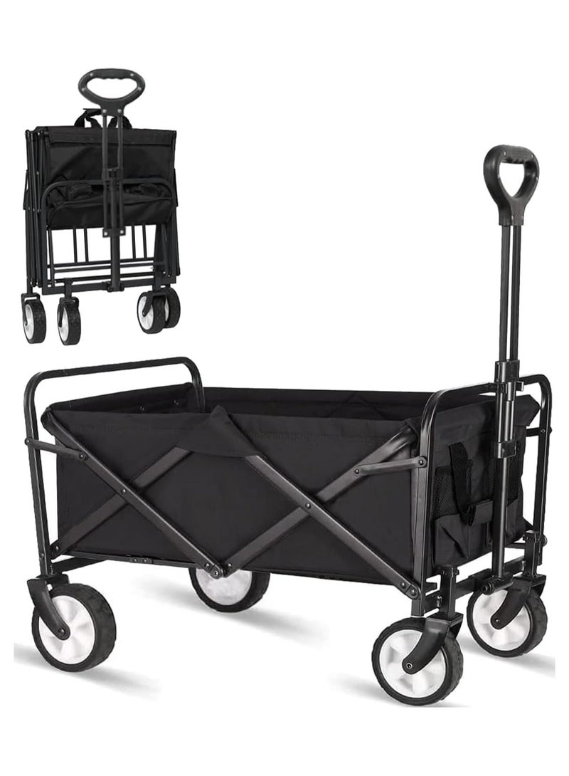 Folding Outdoor Multi-Functional Utility Wagon, Beach Cart Large Capacity, Garden Cart with Adjustable Handle Folding Double Layer Cloth Cover Trolley Outdoor Camping with Storage Basket (BLACK) - Image 1
