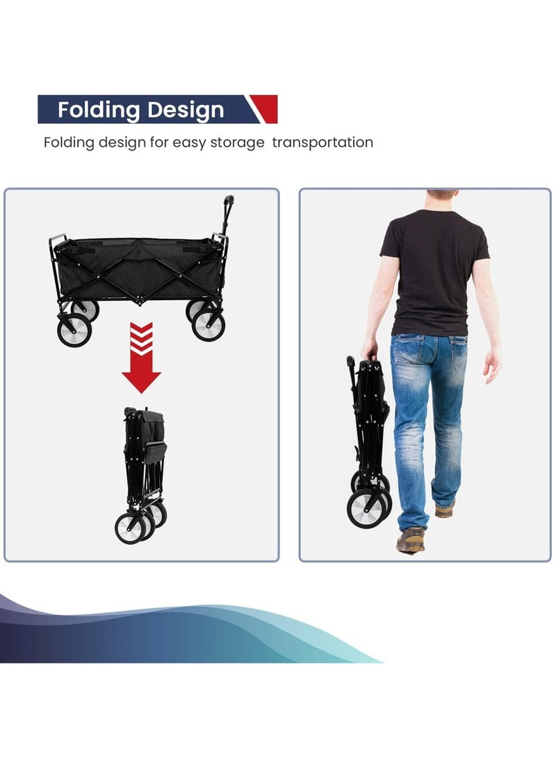 Folding Outdoor Multi-Functional Utility Wagon, Beach Cart Large Capacity, Garden Cart with Adjustable Handle Folding Double Layer Cloth Cover Trolley Outdoor Camping with Storage Basket (BLACK) - Image 5