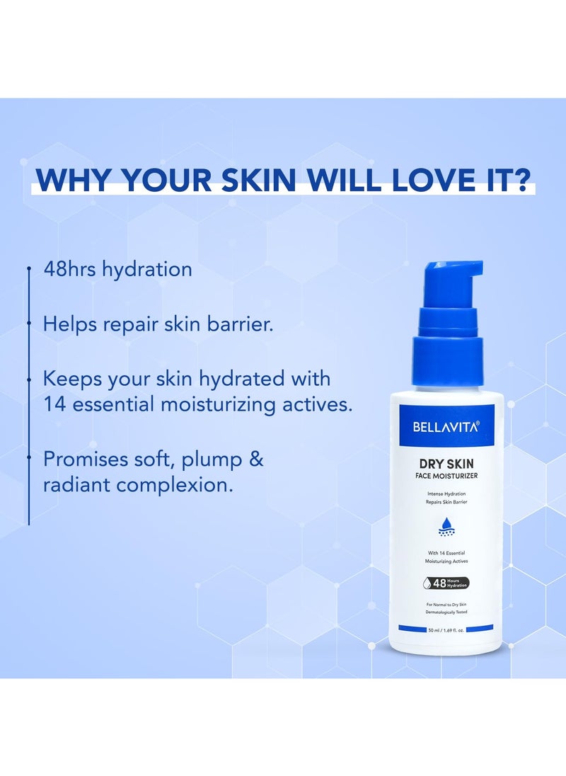 BELLAVITA Face Moisturizer Dry to Normal Skin | Power of 14 Moisturizing Actives | 48hrs Hydration | Intense Moisturization | Repairs & Soothes | pH Balanced |  | 50ml  - Image 3