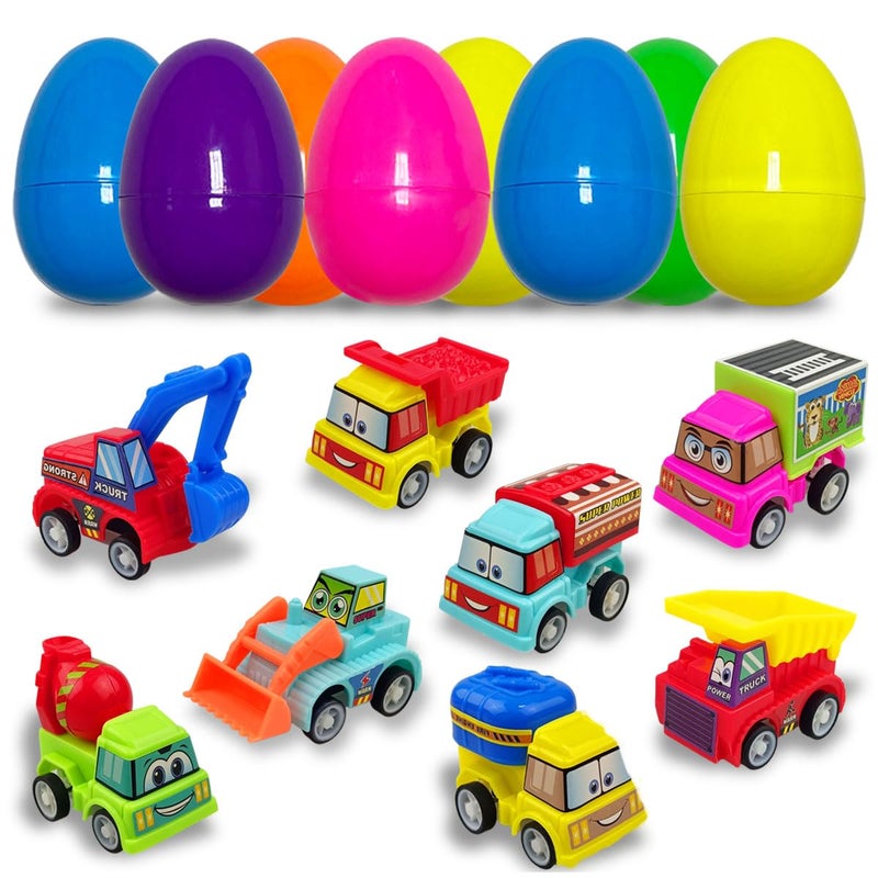 JoFAN 8 Pack Prefilled Plastic Easter Eggs with Pull Back Engineering Cars Toys Inside for Kids Boys Girls Toddlers Easter Basket Stuffers Gifts Party Favors - Image 3