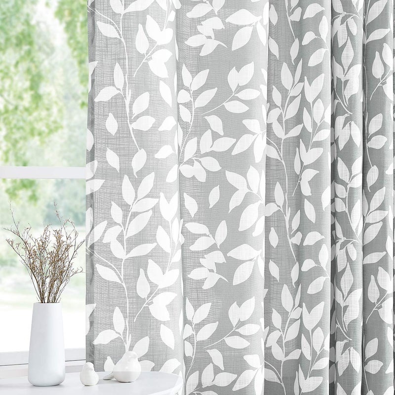 Treatmentex Grey and White Curtains for Bedroom 63"" Length Leaf Print Curtains for Windows Semi-Sheers  Grommet Top  2 Pack - Image 1