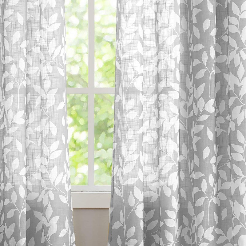 Treatmentex Grey and White Curtains for Bedroom 63"" Length Leaf Print Curtains for Windows Semi-Sheers  Grommet Top  2 Pack - Image 5