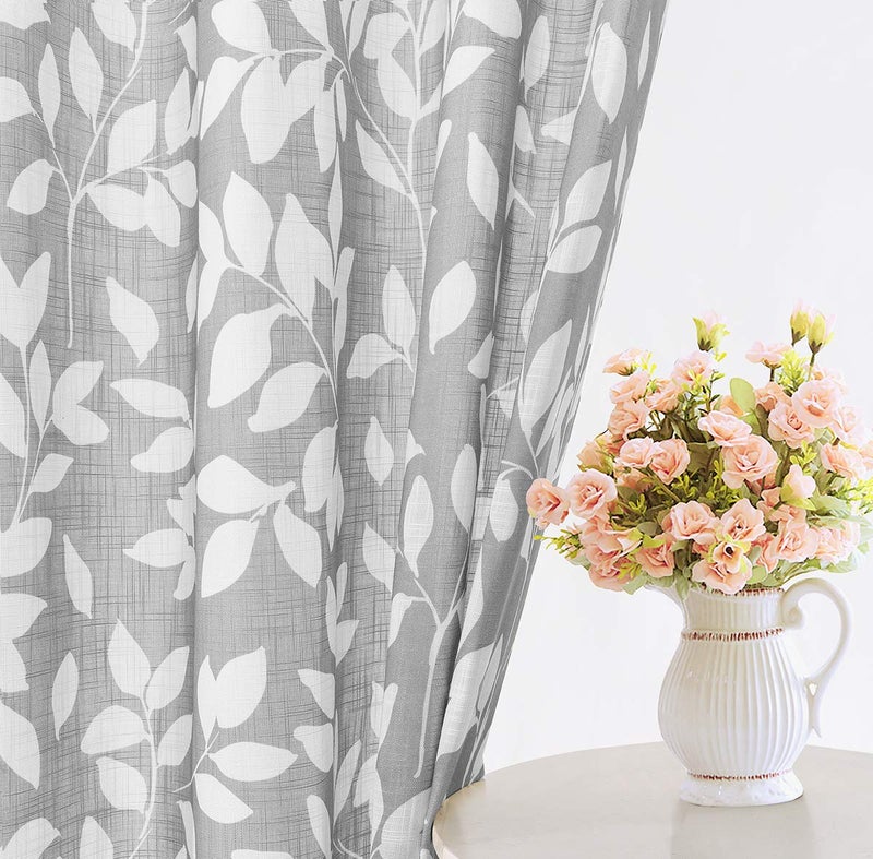 Treatmentex Grey and White Curtains for Bedroom 63"" Length Leaf Print Curtains for Windows Semi-Sheers  Grommet Top  2 Pack - Image 4
