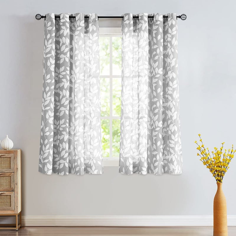 Treatmentex Grey and White Curtains for Bedroom 63"" Length Leaf Print Curtains for Windows Semi-Sheers  Grommet Top  2 Pack - Image 2