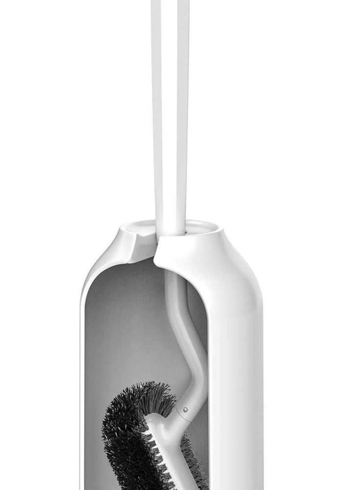 HAMITOR Toilet Bowl Brush Holder Set - Modern Bathroom Deep Cleaning Scrubber with Curved Bristle for Hard-to-Reach Areas - White - Image 1