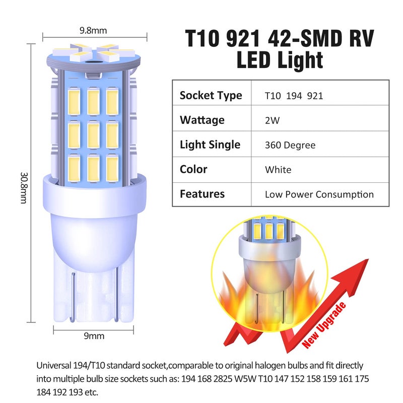 Acohuike T10 921 194 168 175 Led Bulbs Cool White 20-Packs  Super Bright 3014 42-Smd Replacement 12 Volt Rv Camper Trailer Boat Trunk Interior Dome Map License Lights  Backup Reverse Lights - Image 3