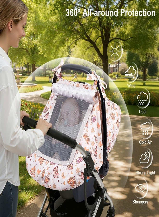 FIOBEE Baby Car Seat Cover, Car Seat Covers for Babies Infant Car Seat Canopy with Breathable Mesh Window Waterproof Carseat Cover for Babies Boy Girl 4 Seasons, Brown Rainbow - Image 2