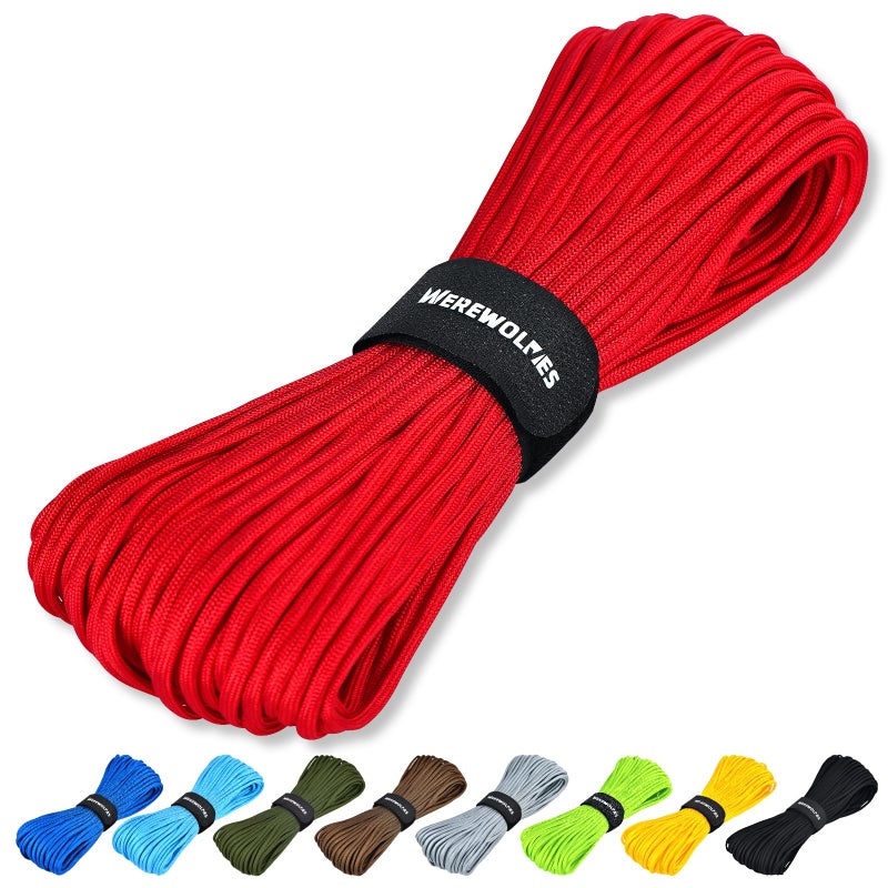 WEREWOLVES Paracord Rope, 7 Strand Type III Parachute Cord 4mm 100ft / 200ft for Crafting, DIY Projects, Survival Bracelets (Red, 100 ft) - Image 1