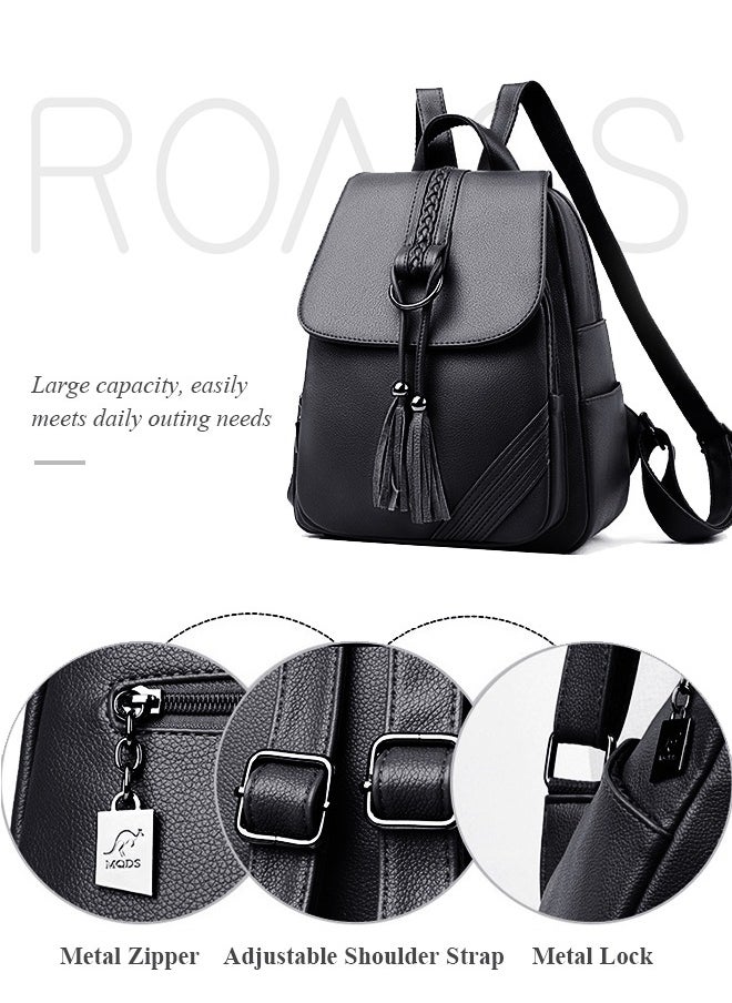 roaiss - Fashion Tassel Decor Flap Textured Backpack Leisure PU Leather Large Schoolbag Soild Travel New Double Shoulder Bag for Womens College Girls Students Black - Image 1