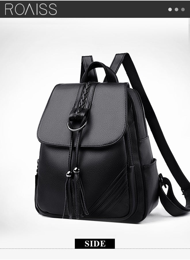 roaiss - Fashion Tassel Decor Flap Textured Backpack Leisure PU Leather Large Schoolbag Soild Travel New Double Shoulder Bag for Womens College Girls Students Black - Image 1