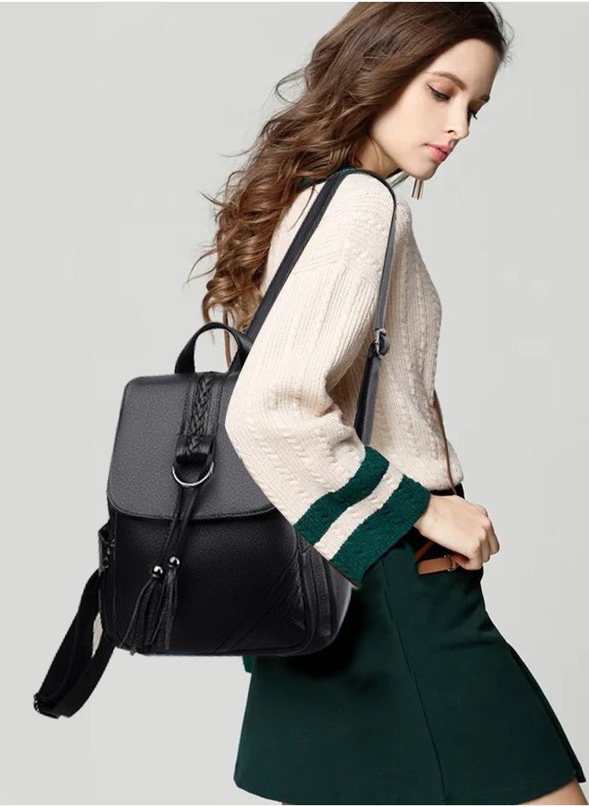 roaiss - Fashion Tassel Decor Flap Textured Backpack Leisure PU Leather Large Schoolbag Soild Travel New Double Shoulder Bag for Womens College Girls Students Black - Image 1