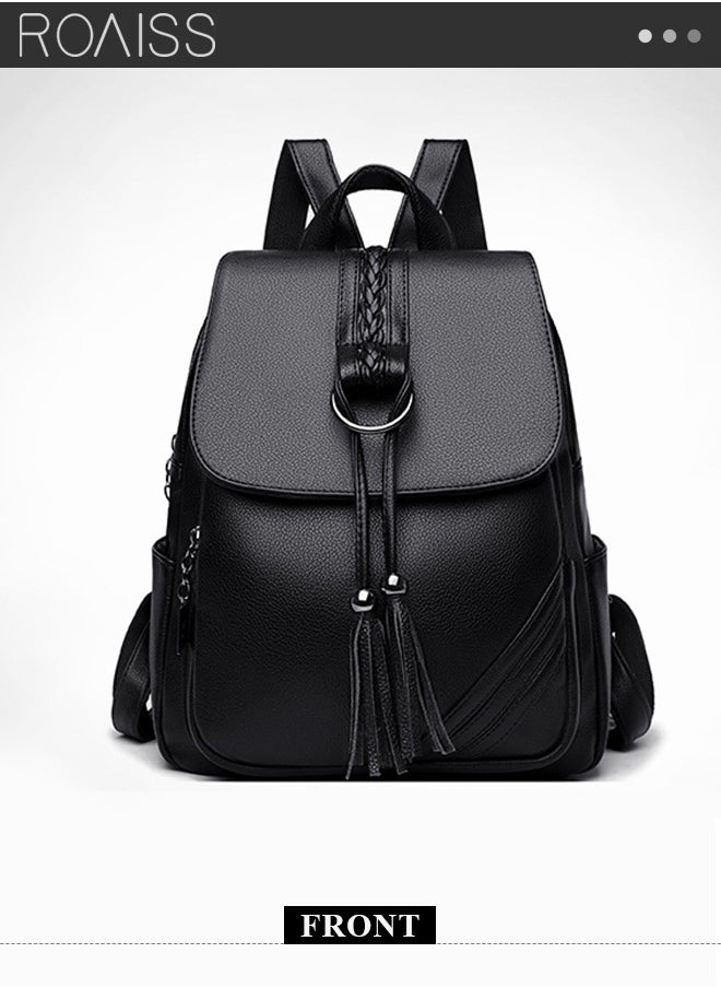 roaiss - Fashion Tassel Decor Flap Textured Backpack Leisure PU Leather Large Schoolbag Soild Travel New Double Shoulder Bag for Womens College Girls Students Black - Image 1