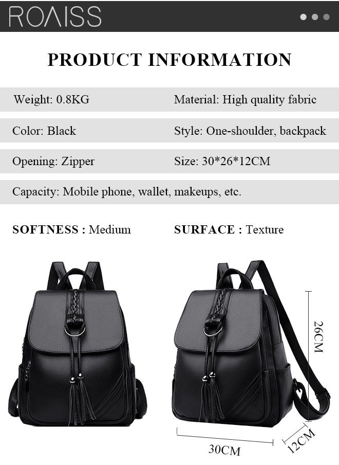 roaiss - Fashion Tassel Decor Flap Textured Backpack Leisure PU Leather Large Schoolbag Soild Travel New Double Shoulder Bag for Womens College Girls Students Black - Image 1