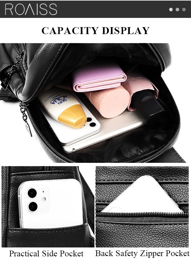 roaiss - Fashion Tassel Decor Flap Textured Backpack Leisure PU Leather Large Schoolbag Soild Travel New Double Shoulder Bag for Womens College Girls Students Black - Image 1
