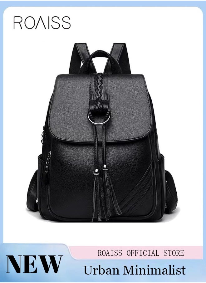 roaiss - Fashion Tassel Decor Flap Textured Backpack Leisure PU Leather Large Schoolbag Soild Travel New Double Shoulder Bag for Womens College Girls Students Black - Image 1