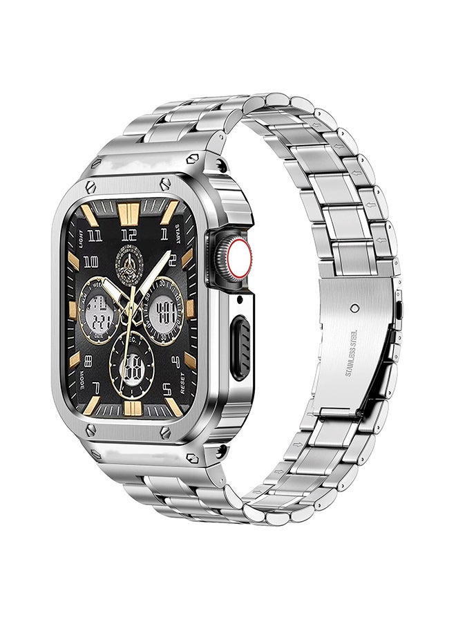 O Ozone Stainless Steel Watch Band with Case For Apple Watch Series 9/8/7 (45mm) Metal Strap and Rugged Protective Bumper Cover for Men - Silver  - Image 1