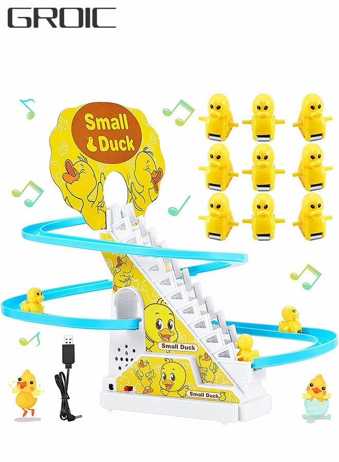 GROIC Fun Playful Yellow Duck Race Set with Flashing Lights & Music,Climb Stairs Toy Roller Coaster Toy, Jolly Duck Slide Playset - Image 1