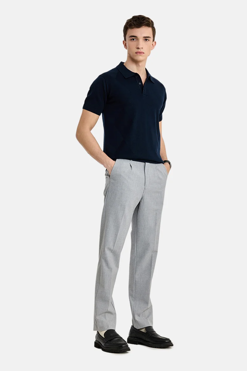 سنيتش Light Grey Textured Slim Fit Formal Trousers