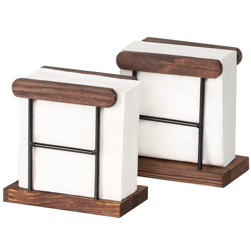 Lavievert حامل مناديل خشبي من لافييفرت مع سلك معدني أسود لتنظيم ورق المناديل للمطبخ وطاولة العشاء وسطح الطاولة والمطعم وديكور المنزل مجموعة من 2 بني داكن