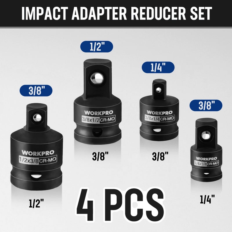 WORKPRO 7 Pieces Impact Socket Adapter Set, Includes 3 Pieces 1/4" Hex Shank Drill Extension Set (1/4", 3/8" and 1/2") and 4 Pieces Impact Socket Adapter and Reducer Set - Image 2