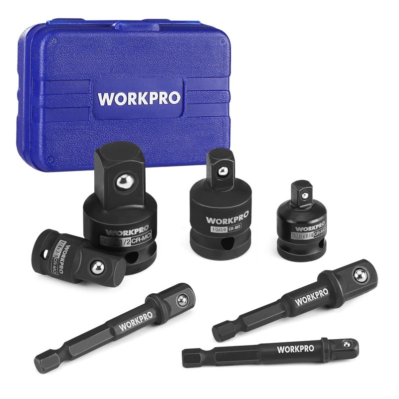 WORKPRO 7 Pieces Impact Socket Adapter Set, Includes 3 Pieces 1/4" Hex Shank Drill Extension Set (1/4", 3/8" and 1/2") and 4 Pieces Impact Socket Adapter and Reducer Set - Image 1