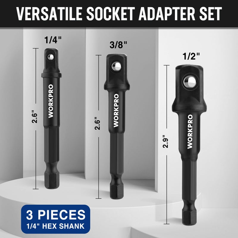 WORKPRO 7 Pieces Impact Socket Adapter Set, Includes 3 Pieces 1/4" Hex Shank Drill Extension Set (1/4", 3/8" and 1/2") and 4 Pieces Impact Socket Adapter and Reducer Set - Image 3