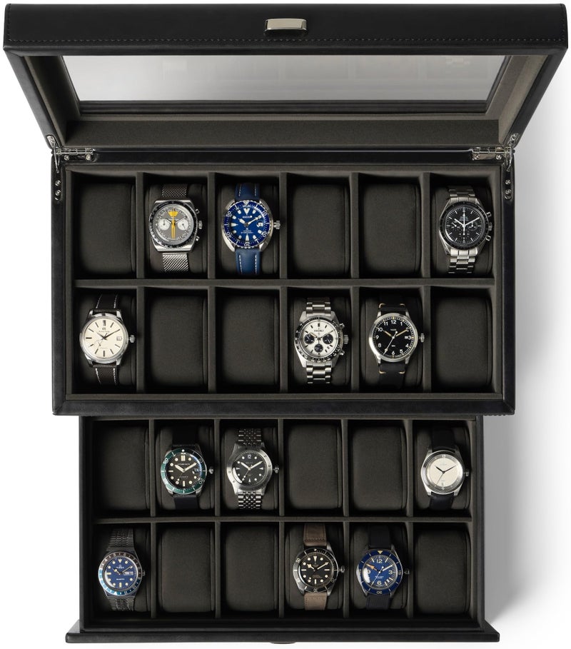 TAWBURY Watch Box for Men Extra Large 24 Slot Watch Case with Real Glass Display Removable Drawer and 2inch Wide Pillows for Large Watches BlackCharcoal - Image 2