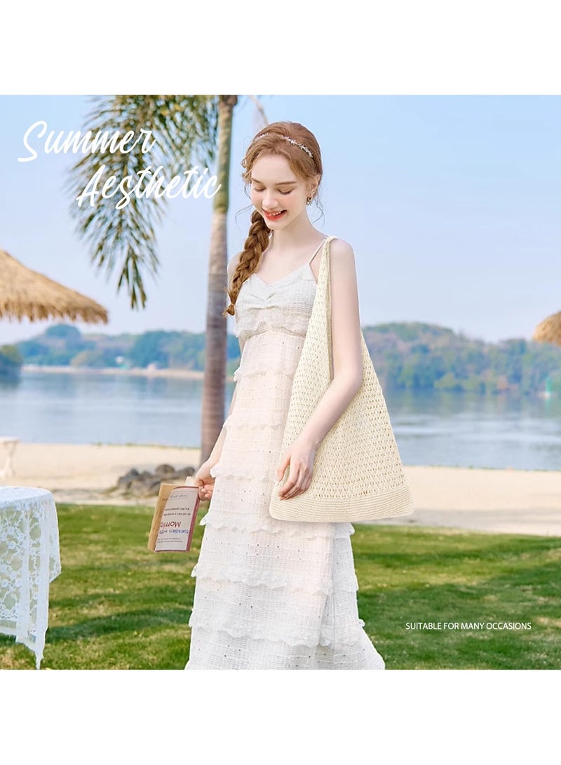 خاجول حقائب كروشيه للنساء، حقيبة توت صيفية للشاطئ، حقيبة توت جمالية، حقيبة هيبي، حقيبة منسوجة (بيج) - Image 4