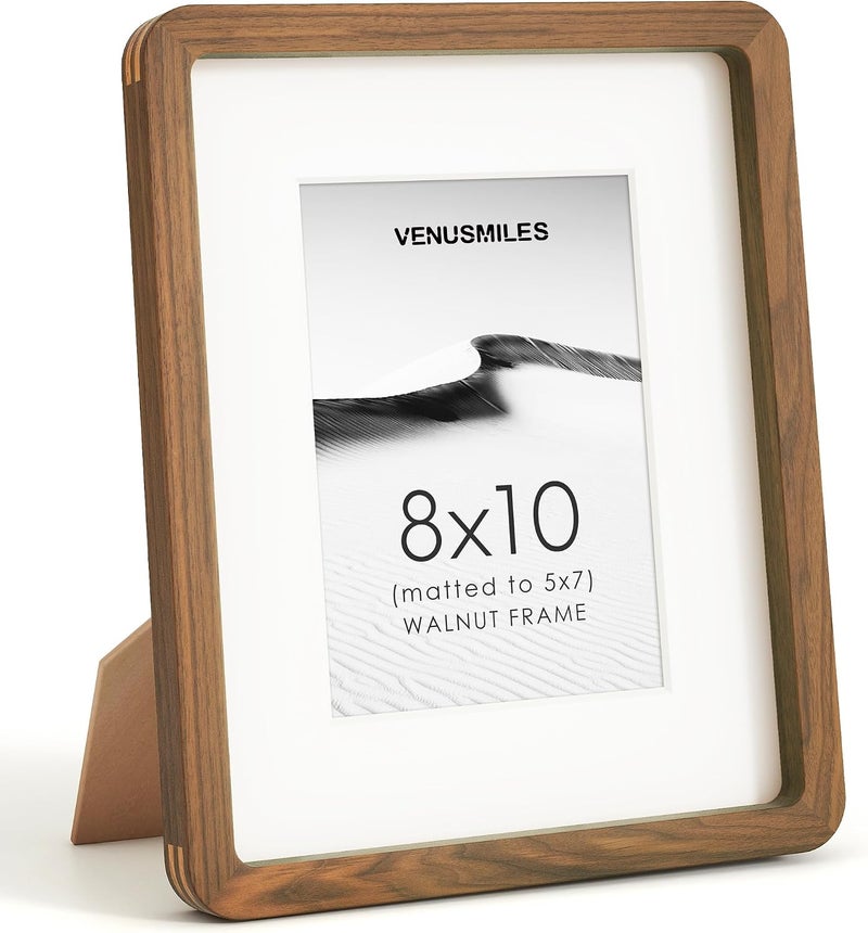 Venusmiles إطار صور 8x10 بوصة، خشب جوز طبيعي من الولايات المتحدة، إطار صور مجمّع مع زجاج مقسّى عالي الوضوح، إطار خشبي 8x10 مع حافة داخلية مقاس 5x7، إطارات جدارية للفن، عرض على الحائط أو الطاولة - Image 1