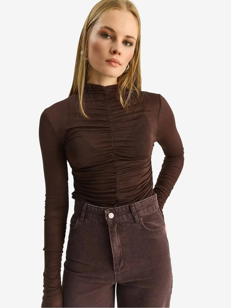 بيانكو لوتشي LUCCI Slim Fit Half Turtleneck Blouse with Drape Detail