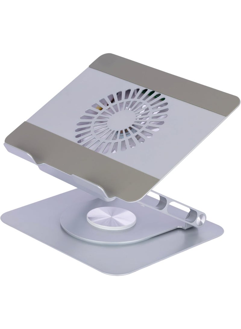 حامل لاب توب معدني دوار 360 درجة بارتفاع قابل للتعديل ومروحة تبريد وسماعة بلوتوث – حامل لاب توب ونوت بوك USB للمكتب والمنزل - Image 1