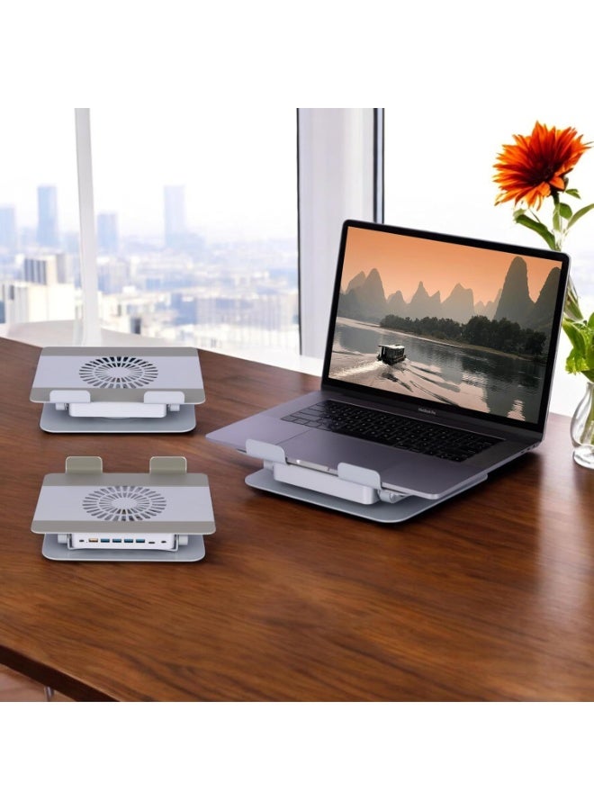 حامل لاب توب معدني دوار 360 درجة بارتفاع قابل للتعديل ومروحة تبريد وسماعة بلوتوث – حامل لاب توب ونوت بوك USB للمكتب والمنزل - Image 4