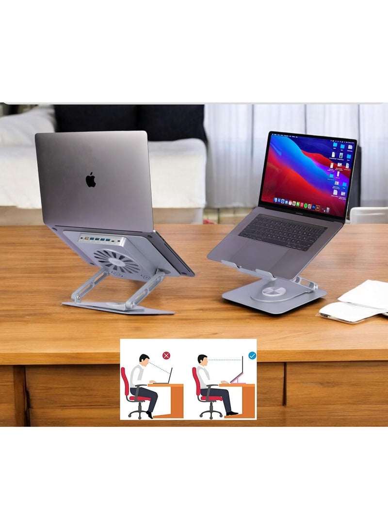 حامل لاب توب معدني دوار 360 درجة بارتفاع قابل للتعديل ومروحة تبريد وسماعة بلوتوث – حامل لاب توب ونوت بوك USB للمكتب والمنزل - Image 3