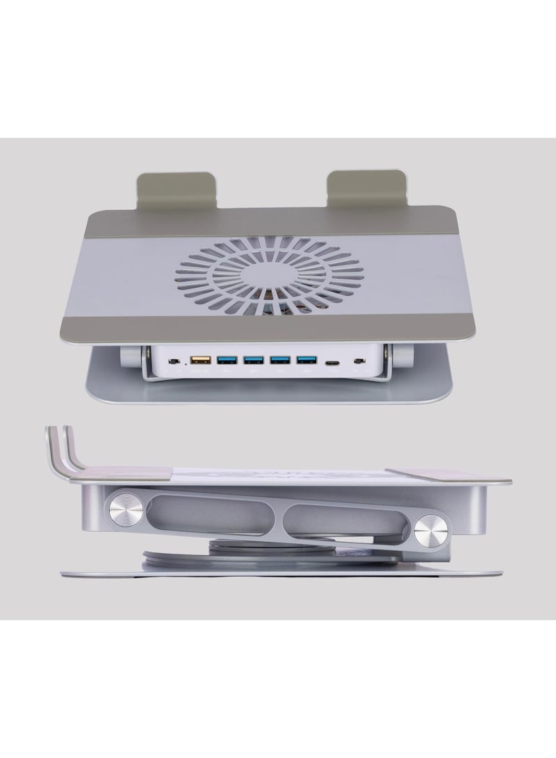 حامل لاب توب معدني دوار 360 درجة بارتفاع قابل للتعديل ومروحة تبريد وسماعة بلوتوث – حامل لاب توب ونوت بوك USB للمكتب والمنزل - Image 5