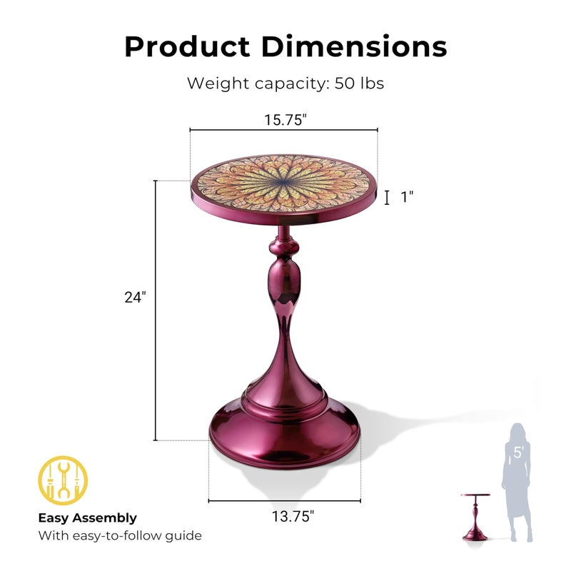 Homes: Inside + Out Halric Modern 24" Tall Round End Table with Decorated Tabletop and Iron Metal Base, Accent Furniture, Elegant Pedestal Stand for Living Room, Home Office, Chrome Purple - Image 3