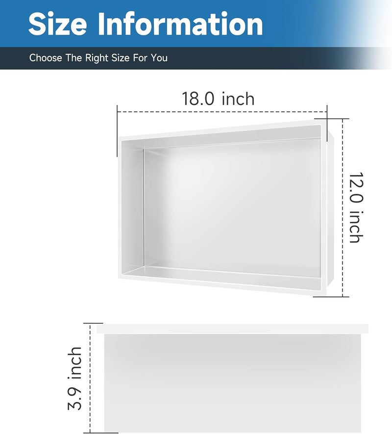 BATHFINESSE 18x12 Insert Shower Niche, 1 Shelf, Modern Contemporary Style, Wall Mounted, Stainless Steel, White - Image 2