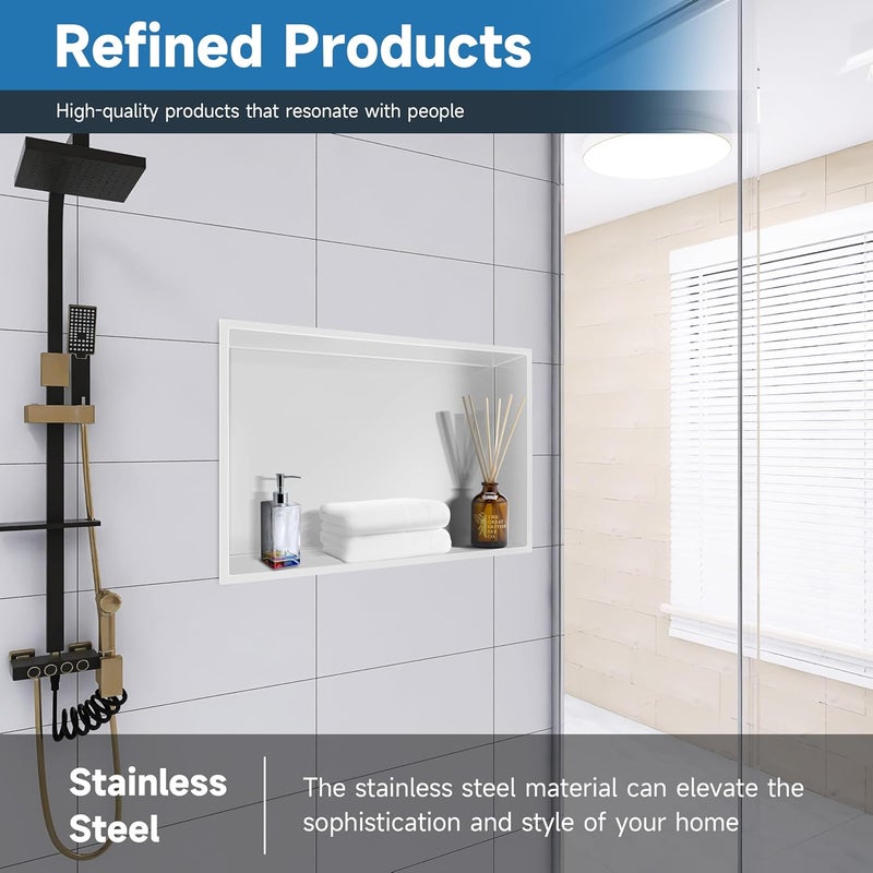 BATHFINESSE 18x12 Insert Shower Niche, 1 Shelf, Modern Contemporary Style, Wall Mounted, Stainless Steel, White - Image 5