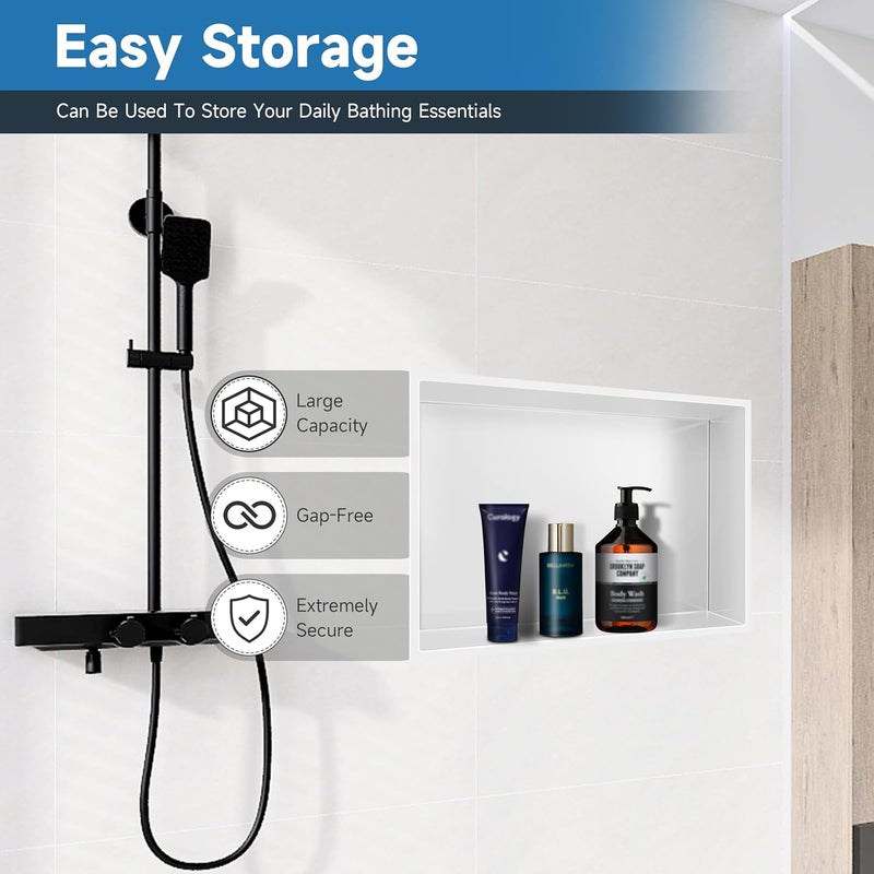 BATHFINESSE 18x12 Insert Shower Niche, 1 Shelf, Modern Contemporary Style, Wall Mounted, Stainless Steel, White - Image 3