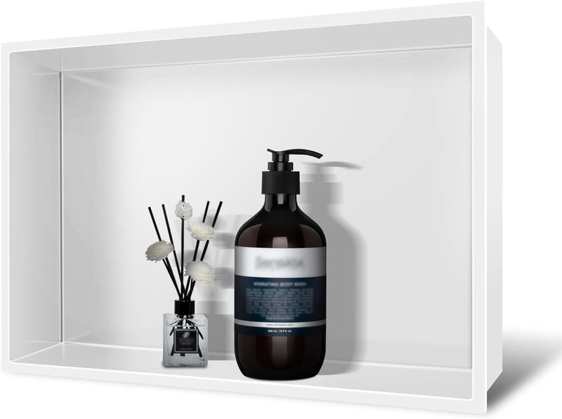 BATHFINESSE 18x12 Insert Shower Niche, 1 Shelf, Modern Contemporary Style, Wall Mounted, Stainless Steel, White - Image 1