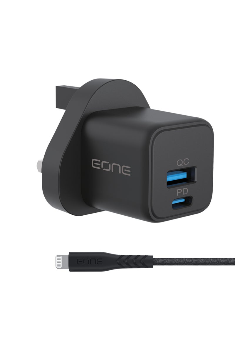 Eone 20W Fast Wall Charger – Apple Certified, Durable & Dual-Port Design A powerful 20W wall charger featuring dual outputs (PD + QC) for simultaneously charging two devices. Built to last with enhanced durability and includes an Apple-certified Lightning cable for reliable, high-speed charging. - Image 1