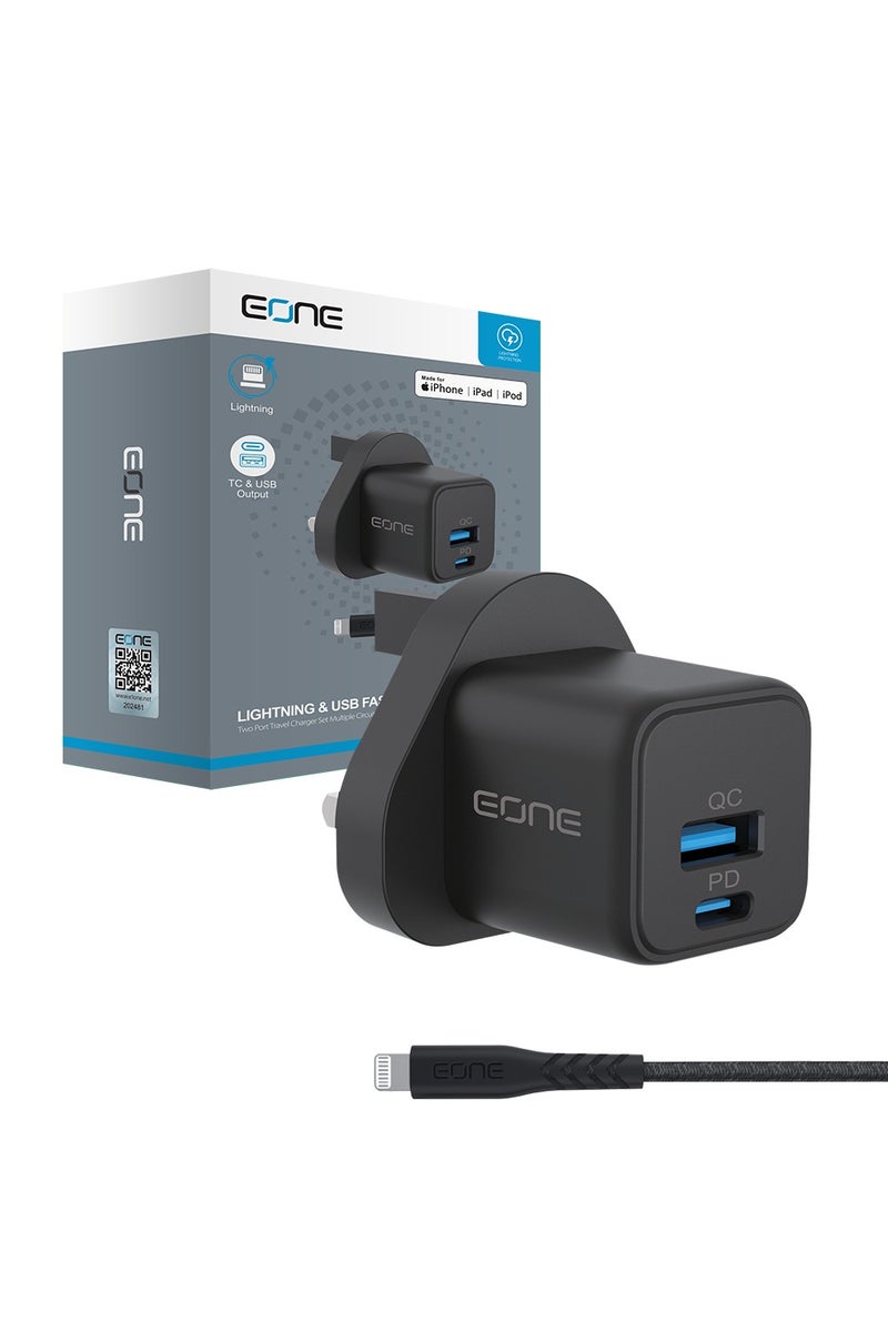 Eone 20W Fast Wall Charger – Apple Certified, Durable & Dual-Port Design A powerful 20W wall charger featuring dual outputs (PD + QC) for simultaneously charging two devices. Built to last with enhanced durability and includes an Apple-certified Lightning cable for reliable, high-speed charging. - Image 3