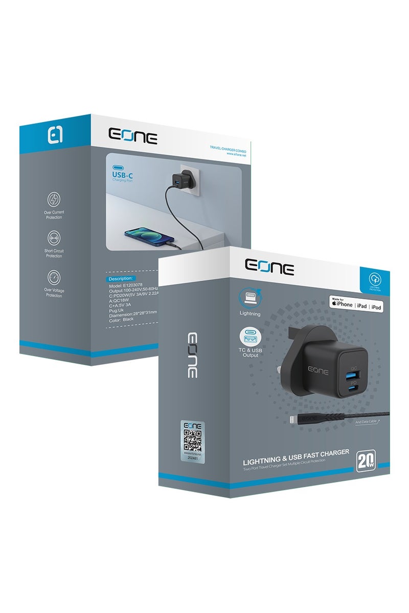 Eone 20W Fast Wall Charger – Apple Certified, Durable & Dual-Port Design A powerful 20W wall charger featuring dual outputs (PD + QC) for simultaneously charging two devices. Built to last with enhanced durability and includes an Apple-certified Lightning cable for reliable, high-speed charging. - Image 4