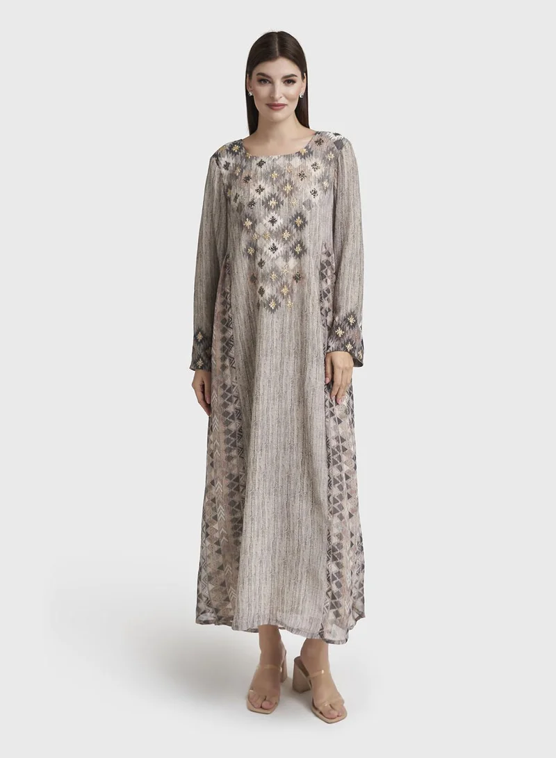 كشخة Grey Geometric Print Chiffon Tiered Maxi Dress (VW301)