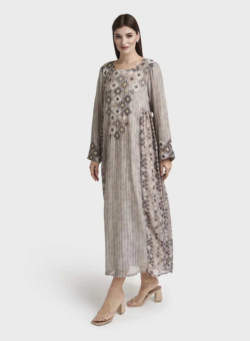 Kashkha  Grey Geometric Print Chiffon Tiered Maxi Dress (VW301) for Women | Best Price UAE