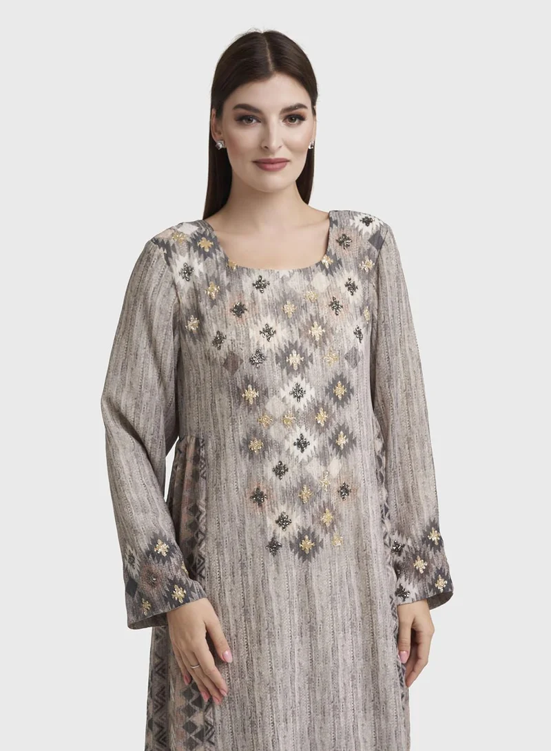 كشخة Grey Geometric Print Chiffon Tiered Maxi Dress (VW301)